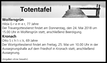 Anzeige von Totentafel vom 24.05.2018 von MGO