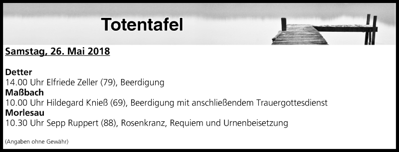  Traueranzeige für Totentafel vom 26.05.2018 vom 26.05.2018 aus MGO