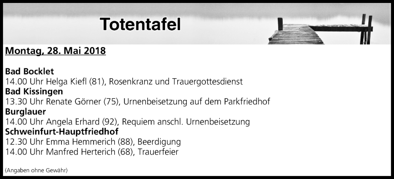  Traueranzeige für Totentafel vom 28.05.2018 vom 28.05.2018 aus MGO