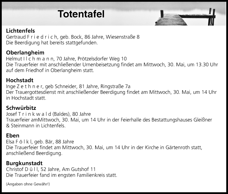  Traueranzeige für Totentafel vom 29.05.2018 vom 29.05.2018 aus MGO