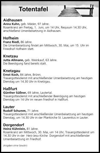 Anzeige von Totentafel vom 29.05.2018 von MGO