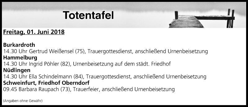  Traueranzeige für Totentafel vom 31.05.2018 vom 31.05.2018 aus MGO