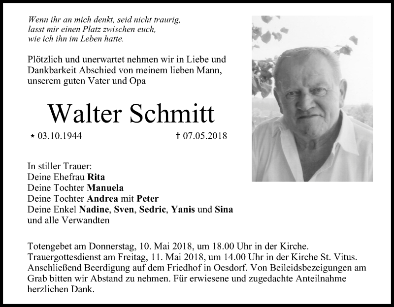  Traueranzeige für Walter Schmitt vom 09.05.2018 aus MGO