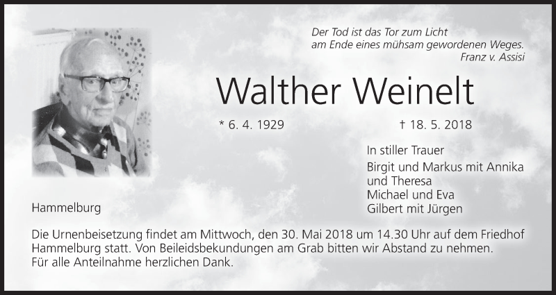  Traueranzeige für Walther Weinelt vom 26.05.2018 aus MGO