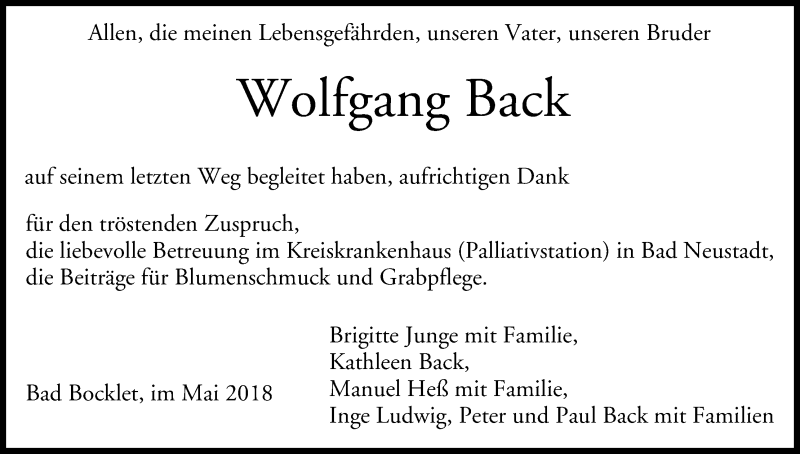  Traueranzeige für Wolfgang Back vom 12.05.2018 aus MGO