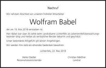 Anzeige von Wolfram Babel von MGO