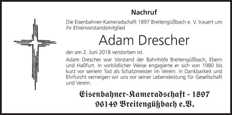  Traueranzeige für Adam Drescher vom 06.06.2018 aus MGO
