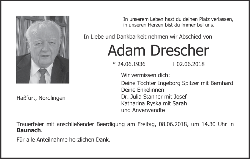  Traueranzeige für Adam Drescher vom 05.06.2018 aus MGO