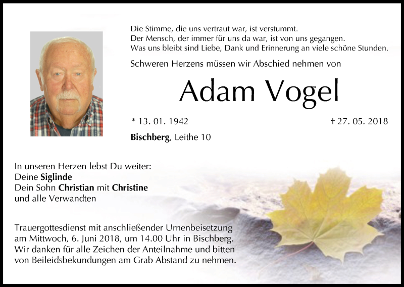  Traueranzeige für Adam Vogel vom 02.06.2018 aus MGO