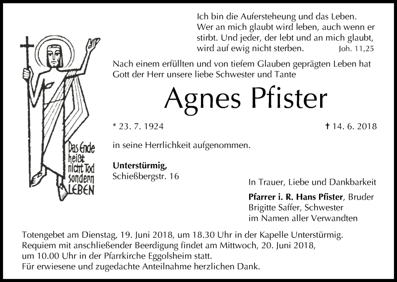  Traueranzeige für Agnes Pfister vom 18.06.2018 aus MGO