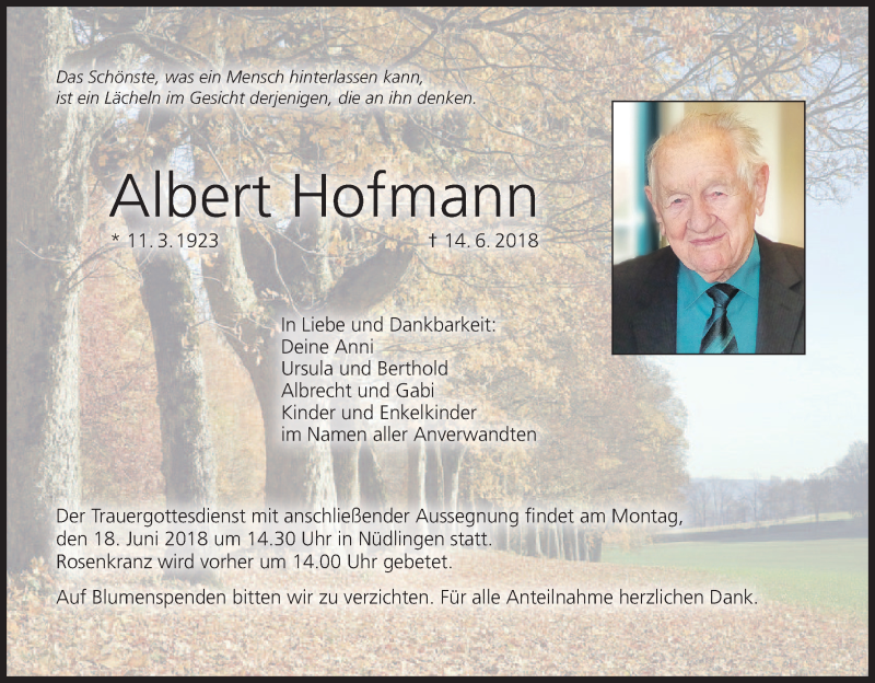  Traueranzeige für Albert Hofmann vom 16.06.2018 aus MGO