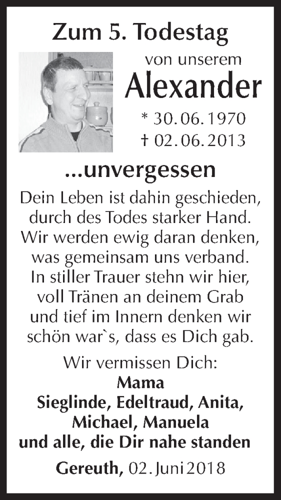  Traueranzeige für Alexander Steppert vom 02.06.2018 aus MGO