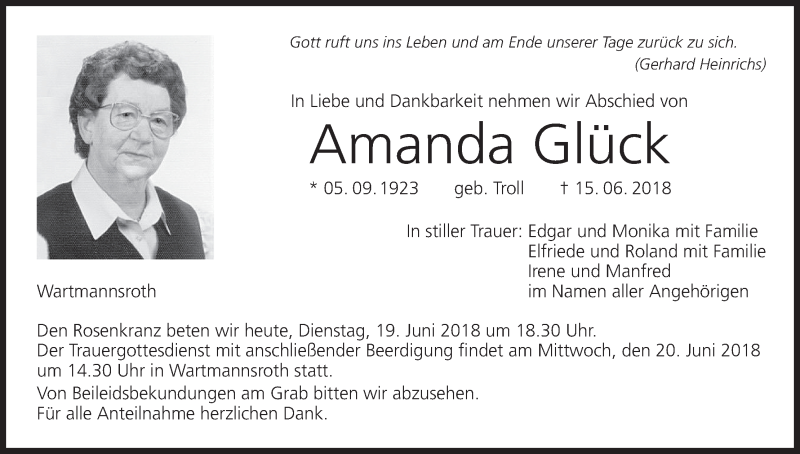  Traueranzeige für Amanda Glück vom 19.06.2018 aus MGO