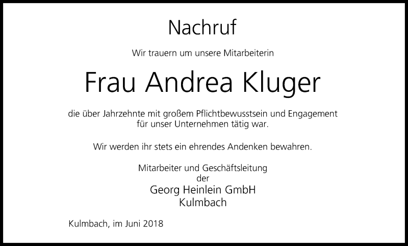  Traueranzeige für Andrea Kluger vom 26.06.2018 aus MGO