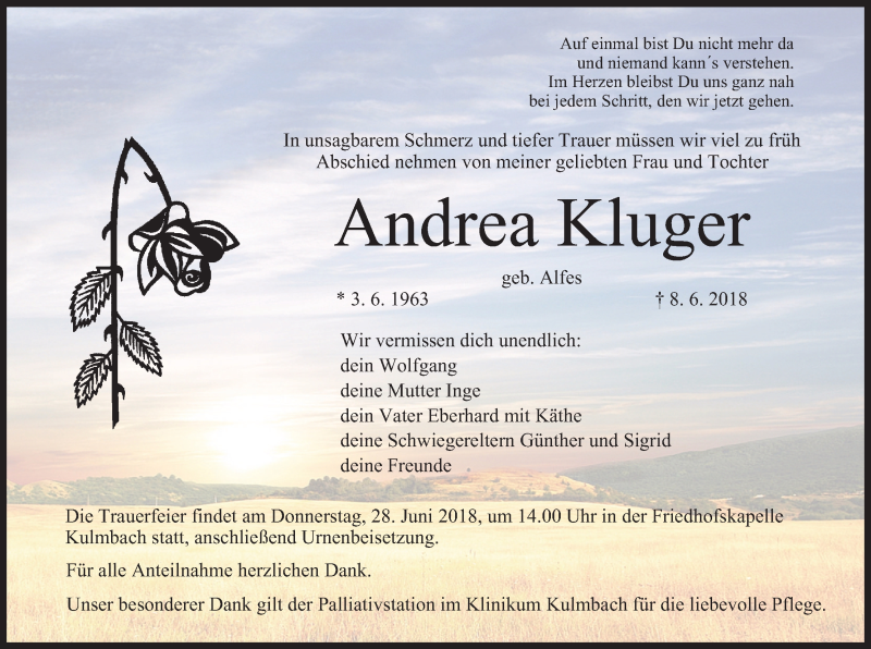  Traueranzeige für Andrea Kluger vom 26.06.2018 aus MGO
