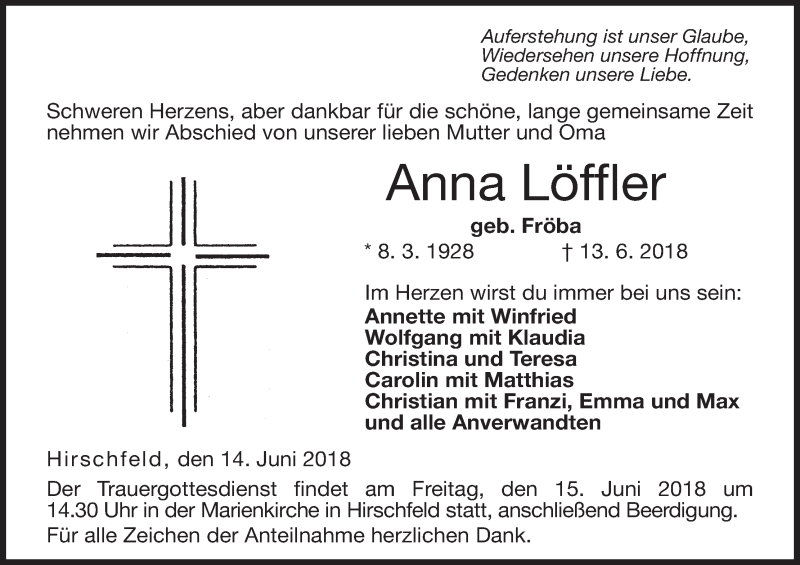  Traueranzeige für Anna Löffler vom 14.06.2018 aus MGO
