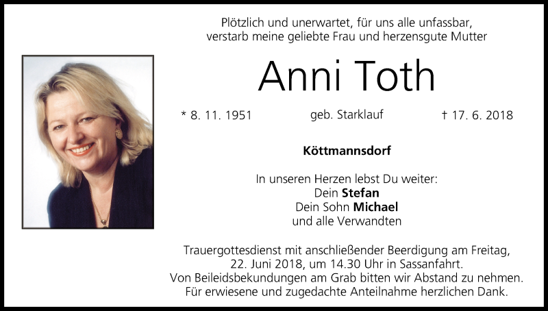  Traueranzeige für Anni Toth vom 20.06.2018 aus MGO
