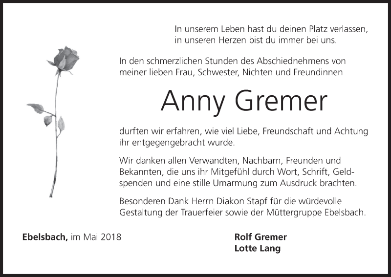  Traueranzeige für Anny Gremer vom 02.06.2018 aus MGO