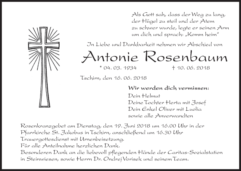  Traueranzeige für Antonie Rosenbaum vom 16.06.2018 aus MGO