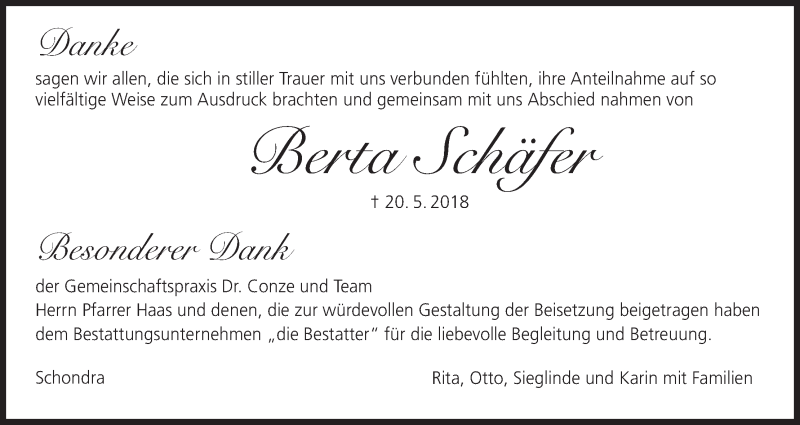  Traueranzeige für Berta Schäfer vom 02.06.2018 aus MGO