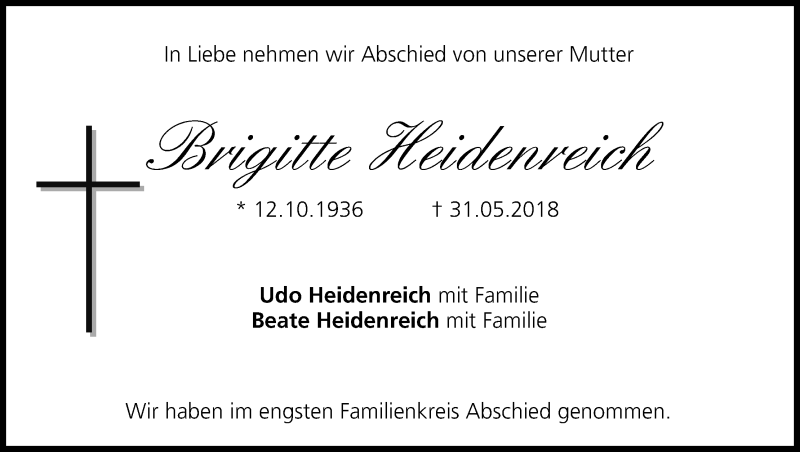  Traueranzeige für Brigitte Heidenreich vom 09.06.2018 aus MGO