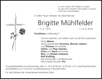 Anzeige von Brigitte Mühlfelder von MGO