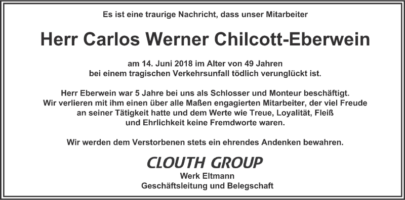  Traueranzeige für Carlos Werner Chilcott-Eberwein vom 23.06.2018 aus MGO
