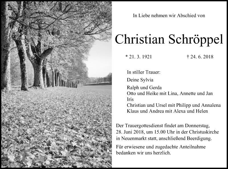 Traueranzeige für Christian Schröppel vom 27.06.2018 aus MGO