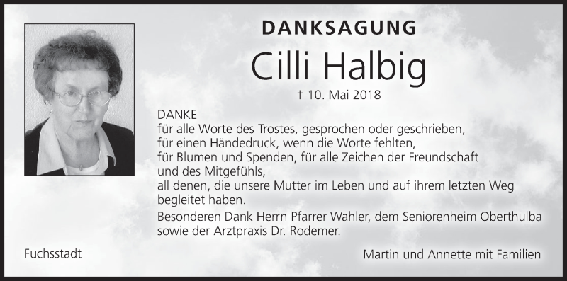  Traueranzeige für Cilli Halbig vom 02.06.2018 aus MGO