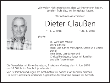 Anzeige von Dieter Claußen von MGO