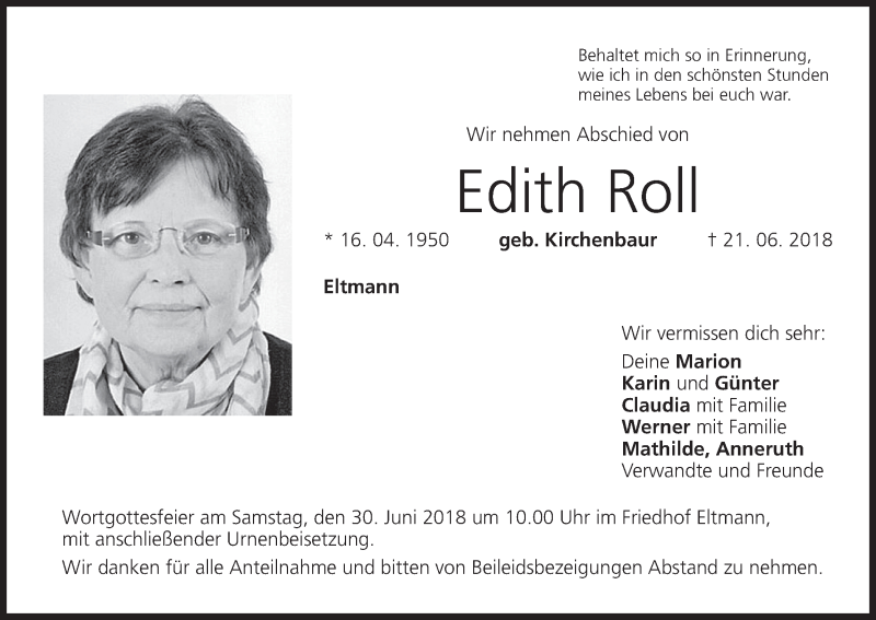  Traueranzeige für Edith Roll vom 28.06.2018 aus MGO