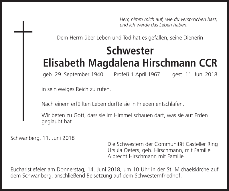  Traueranzeige für Elisabeth Magdalena Hirschmann vom 13.06.2018 aus MGO