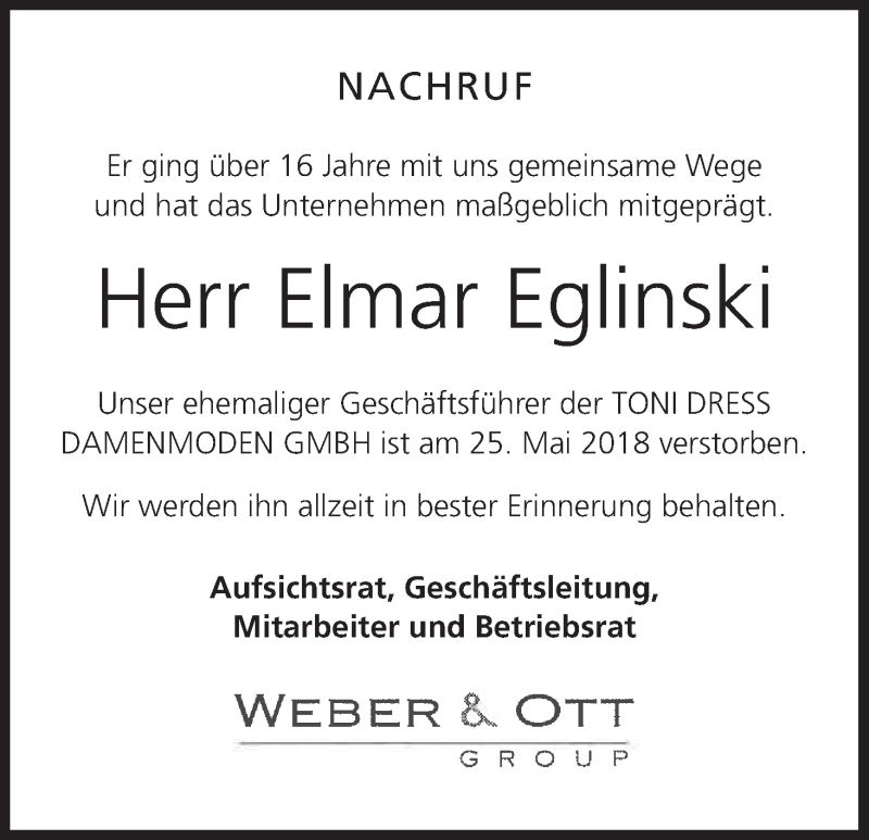  Traueranzeige für Elmar Eglinski vom 06.06.2018 aus MGO