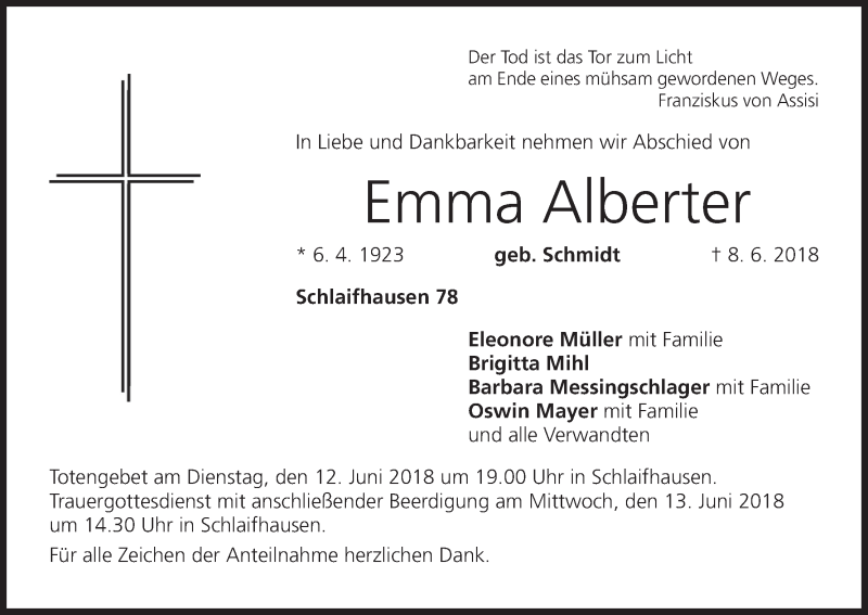  Traueranzeige für Emma Alberter vom 11.06.2018 aus MGO