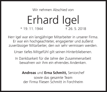 Anzeige von Erhard Igel von MGO