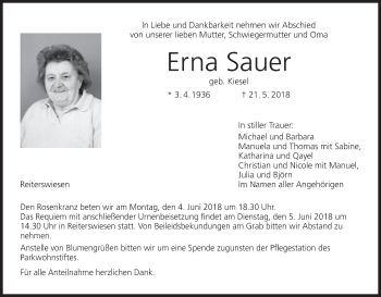 Anzeige von Erna Sauer von MGO