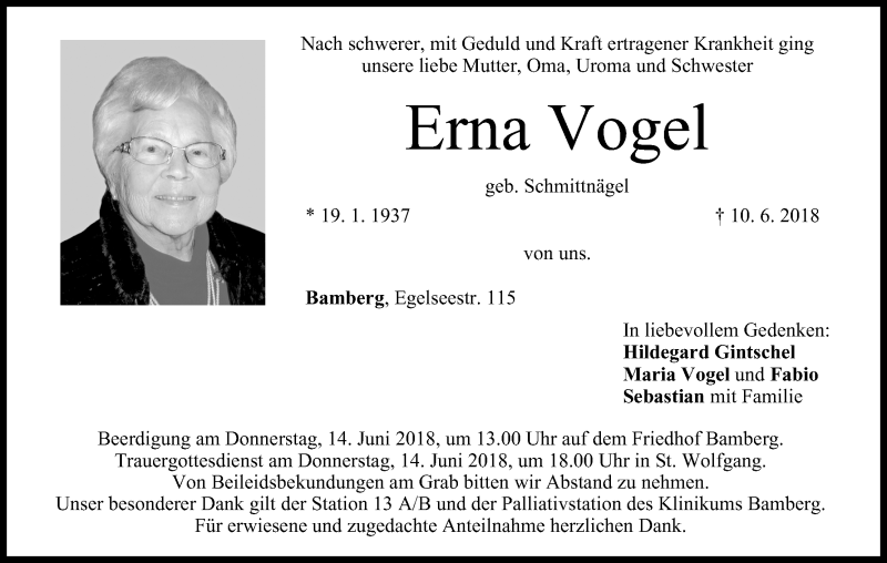  Traueranzeige für Erna Vogel vom 13.06.2018 aus MGO