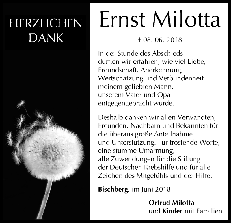  Traueranzeige für Ernst Milotta vom 23.06.2018 aus MGO