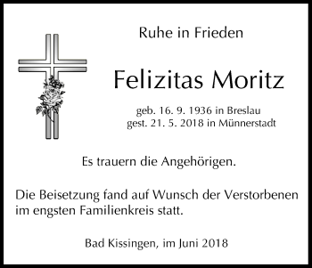 Anzeige von Felizitas Moritz von MGO