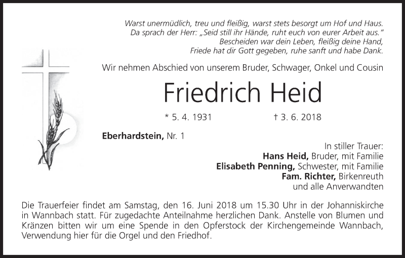  Traueranzeige für Friedrich Heid vom 15.06.2018 aus MGO