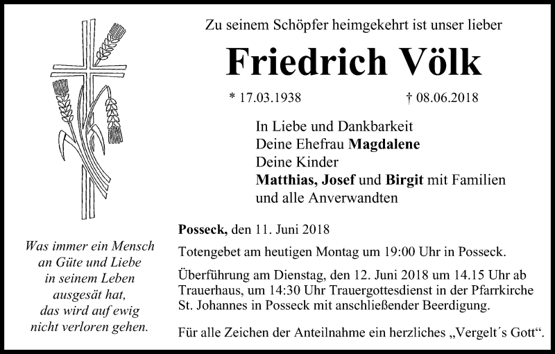  Traueranzeige für Friedrich Völk vom 11.06.2018 aus MGO