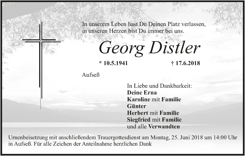  Traueranzeige für Georg Distler vom 22.06.2018 aus MGO