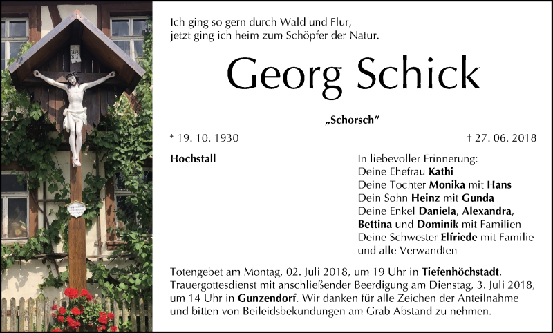  Traueranzeige für Georg Schick vom 30.06.2018 aus MGO