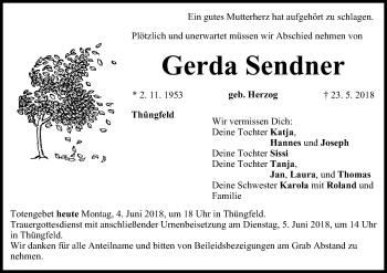 Anzeige von Gerda Sendner von MGO
