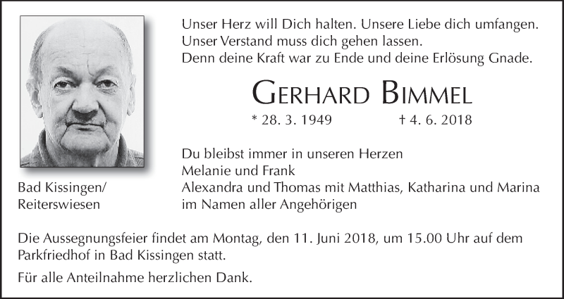 Traueranzeige für Gerhard Bimmel vom 08.06.2018 aus MGO