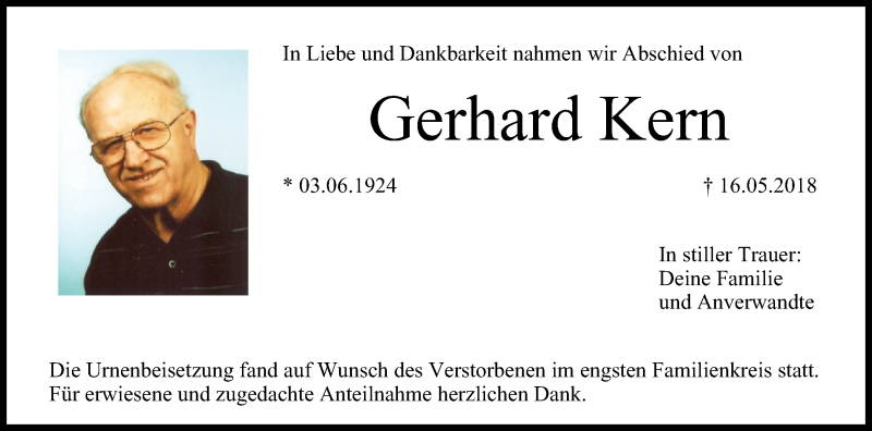  Traueranzeige für Gerhard Kern vom 09.06.2018 aus MGO