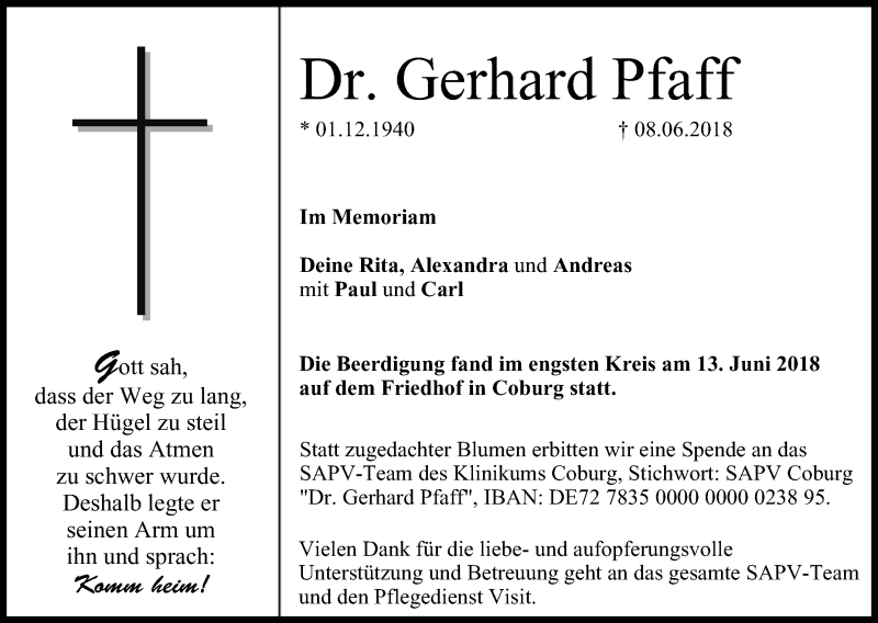  Traueranzeige für Gerhard Pfaff vom 16.06.2018 aus MGO