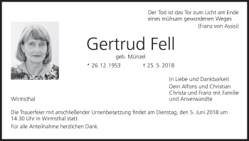 Anzeige von Gertrud Fell von MGO