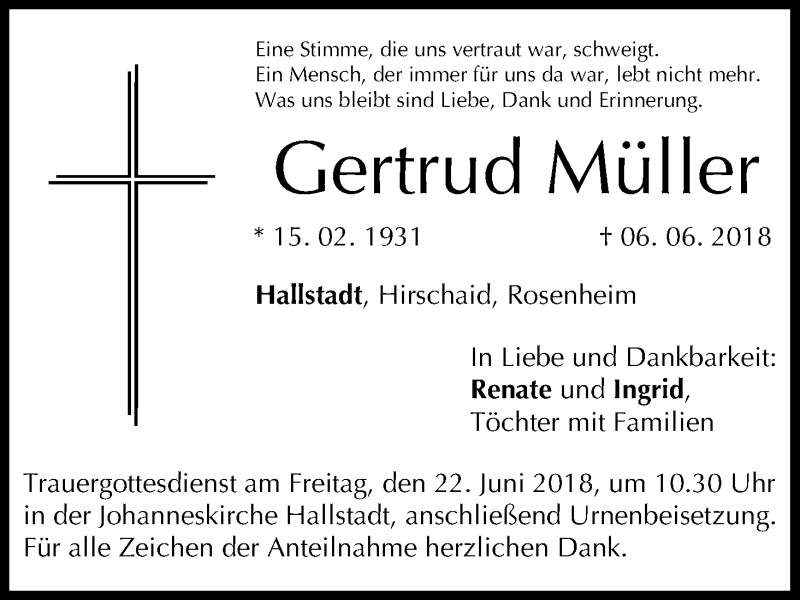  Traueranzeige für Gertrud Müller vom 09.06.2018 aus MGO