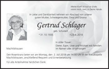Anzeige von Gertrud Schlager von MGO